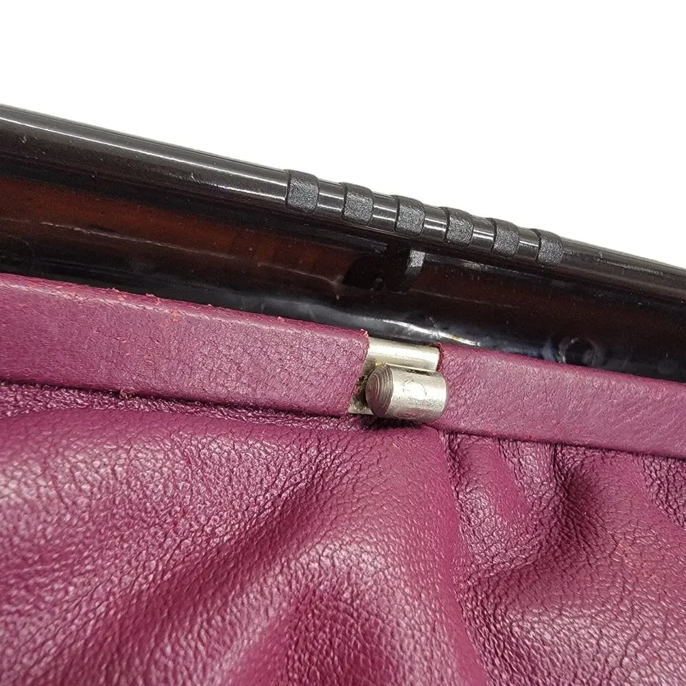 Vintage Lord & Taylor Plum Leather Clutch Bag Made in Italy Black Frame